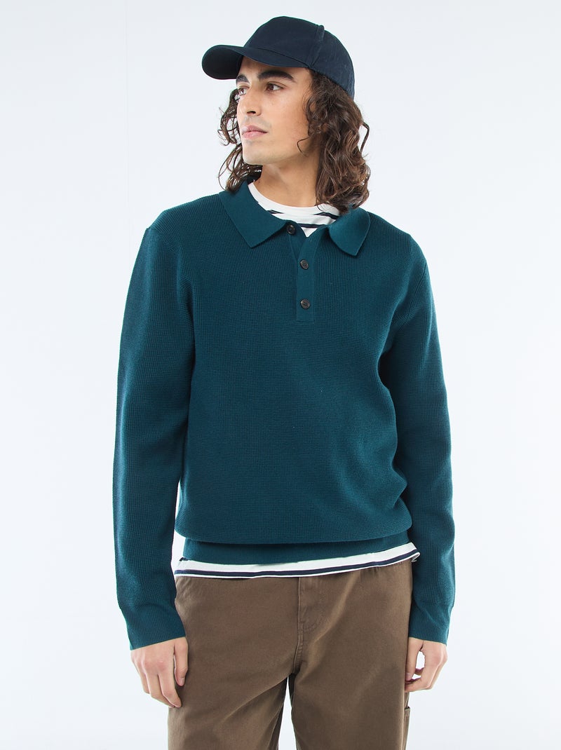 Pull maille gaufrée à col polo Bleu - Kiabi