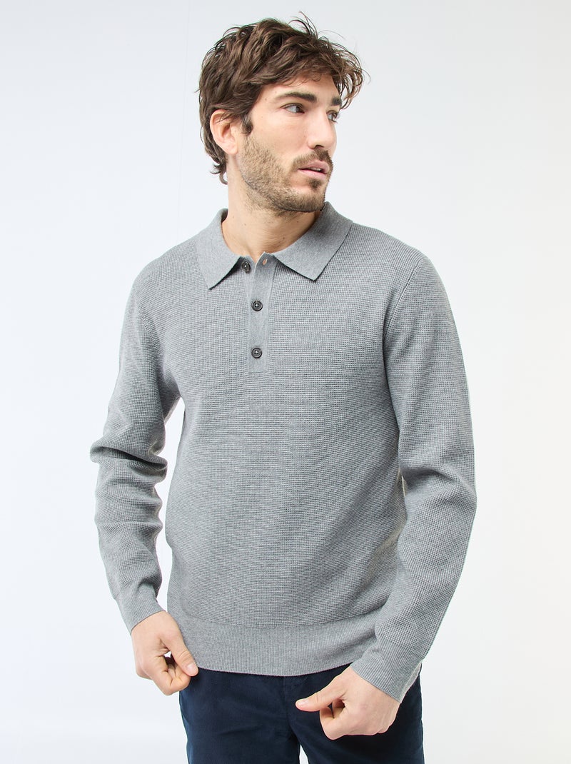 Pull maille gaufrée à col polo Gris - Kiabi