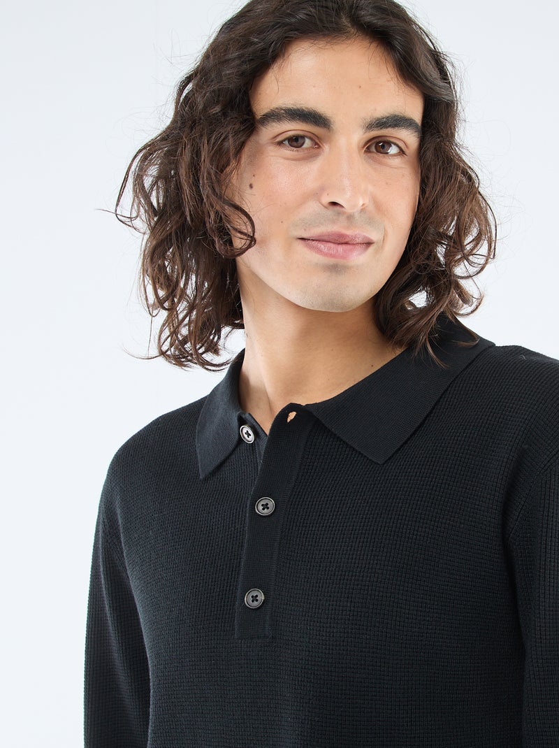 Pull maille gaufrée à col polo Noir - Kiabi