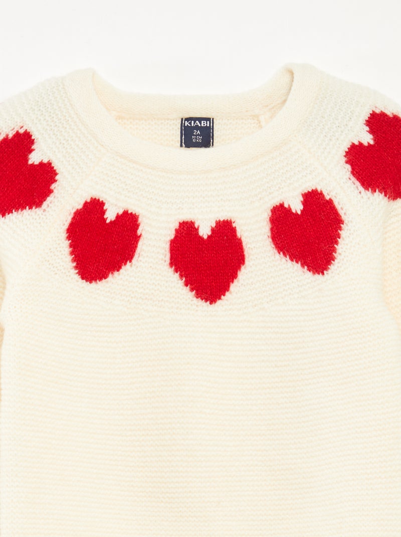 Pull maille jacquard motifs coeurs Blanc - Kiabi