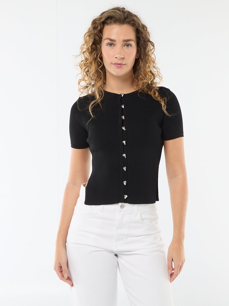 Pull manches courtes avec boutons fantaisie Noir - Kiabi