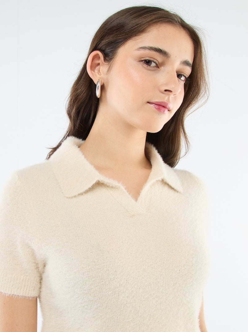 Pull manches courtes maille poilue Beige - Kiabi