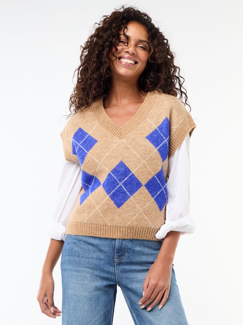 Pull sans manches à motifs losanges Beige - Kiabi