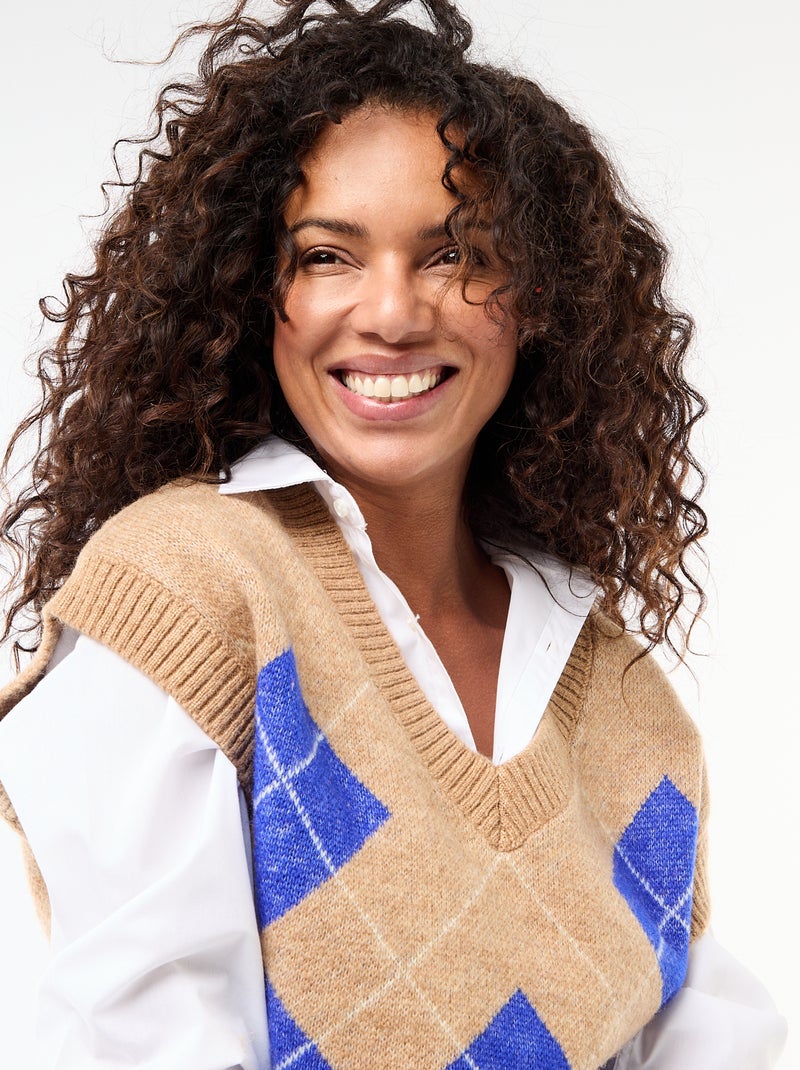 Pull senza maniche con motivo a losanghe Beige - Kiabi