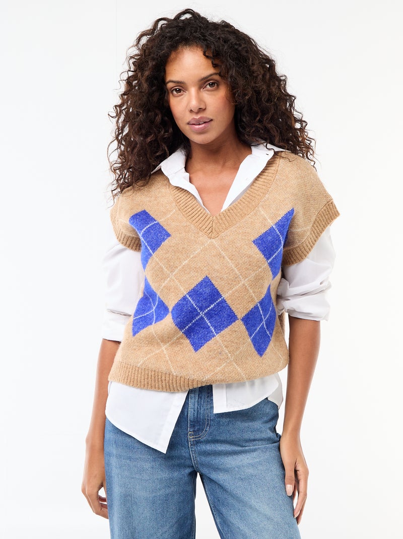 Pull senza maniche con motivo a losanghe Beige - Kiabi