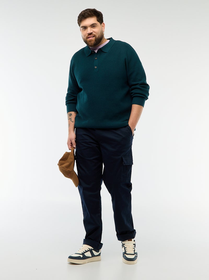 Pull uni col polo boutonné Bleu - Kiabi