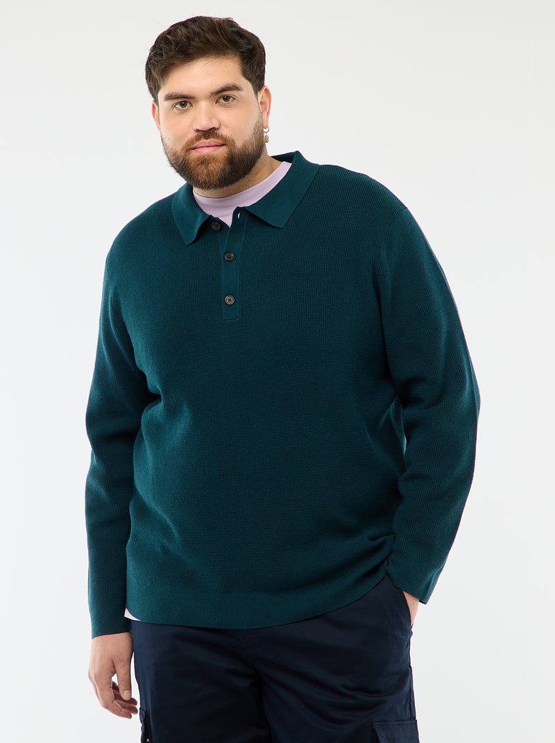 Pull uni col polo boutonné Bleu - Kiabi