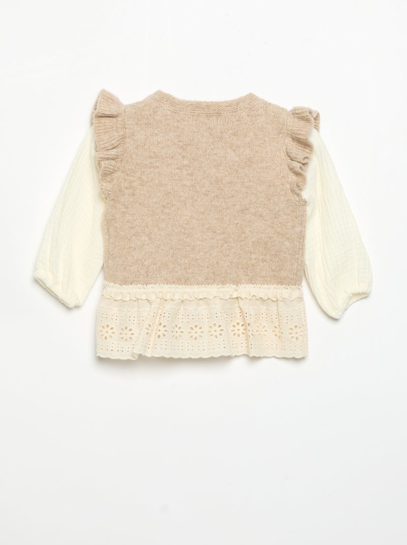 Pullover mit Ärmeln aus Baumwollvoile und besticktem Saum Beige - Kiabi