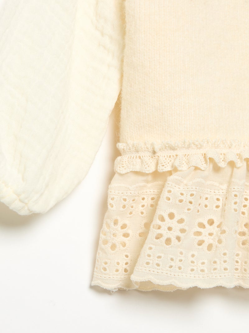 Pullover mit Ärmeln aus Baumwollvoile und besticktem Saum Blanc - Kiabi