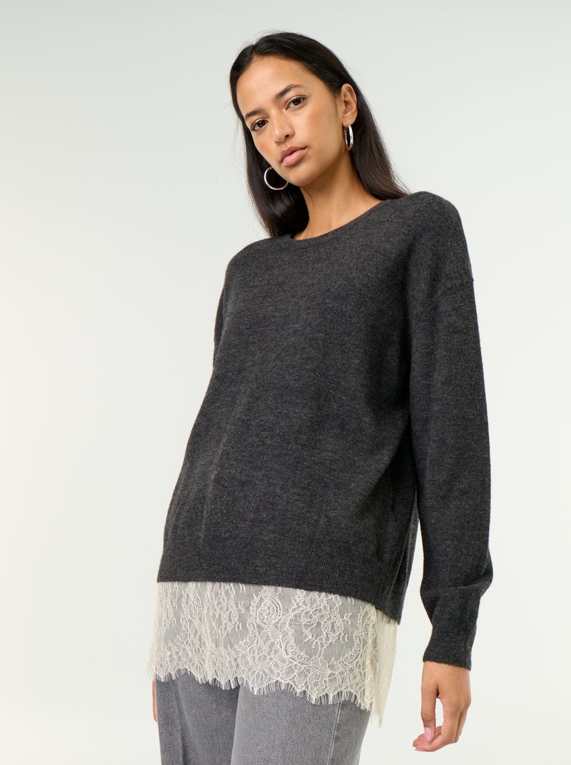Pullover mit Spitzeneinsatz Grau - Kiabi