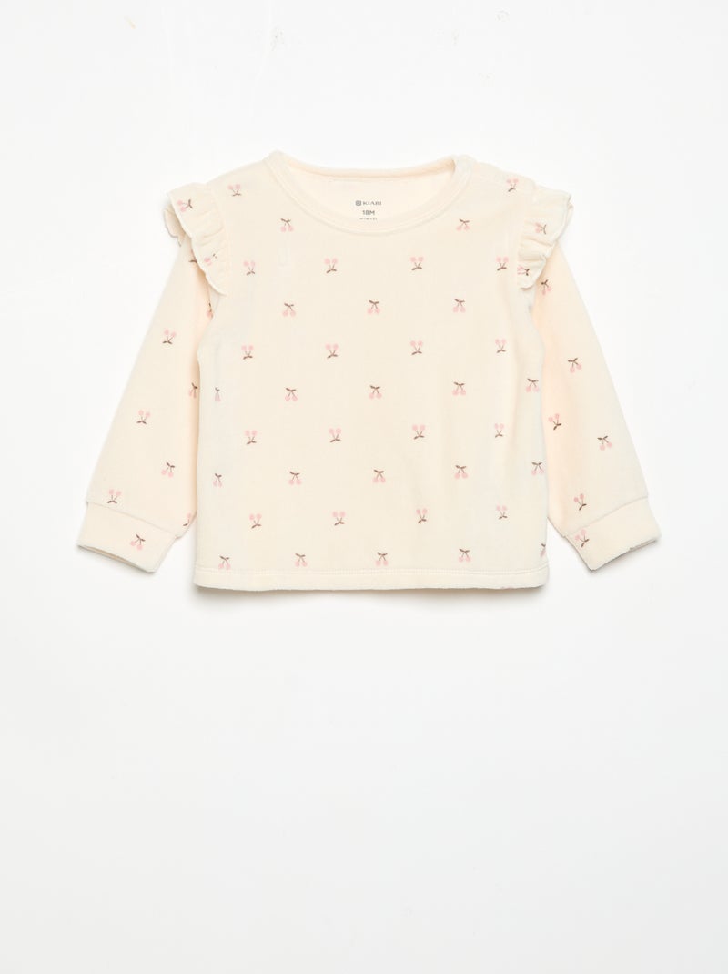 Pyjama 2 pièces en velours - Sweat avec volants aux emmanchures + pantalon Beige - Kiabi