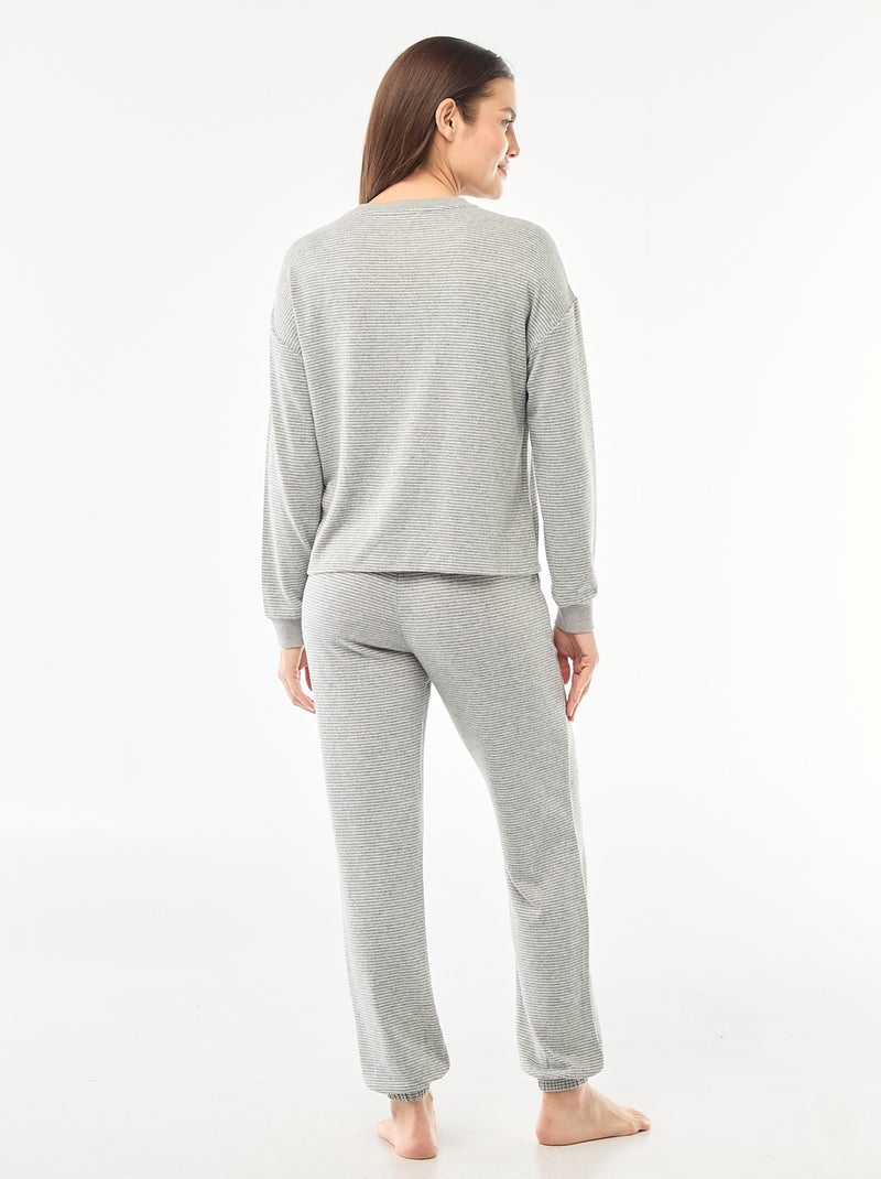 Pyjama long en maille chaude - 2 pièces Gris rayé - Kiabi