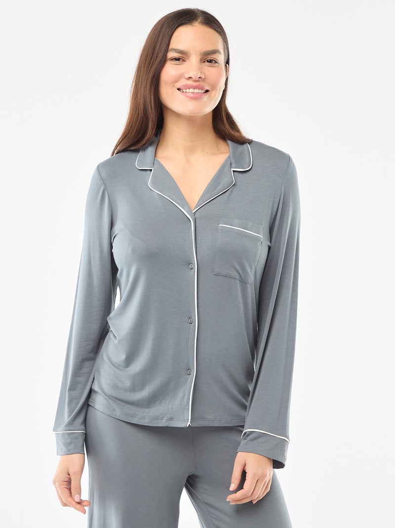 Pyjama long en maille douce stretch - 2 pièces Bleu gris - Kiabi