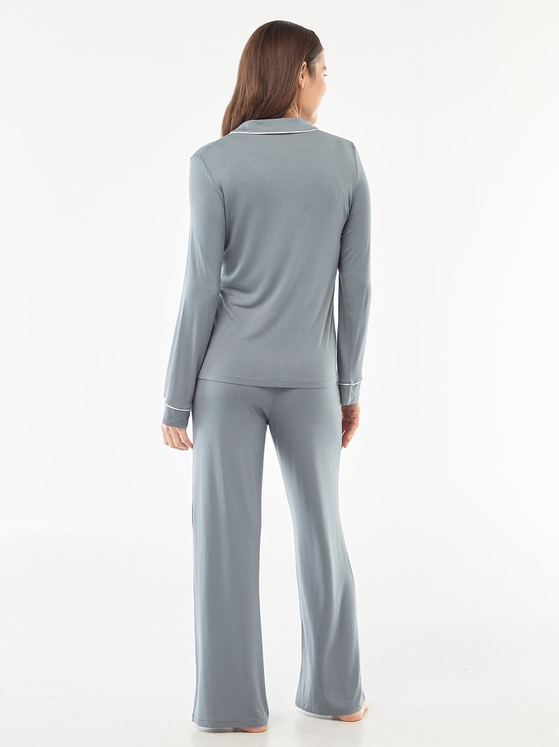 Pyjama long en maille douce stretch - 2 pièces Bleu gris - Kiabi