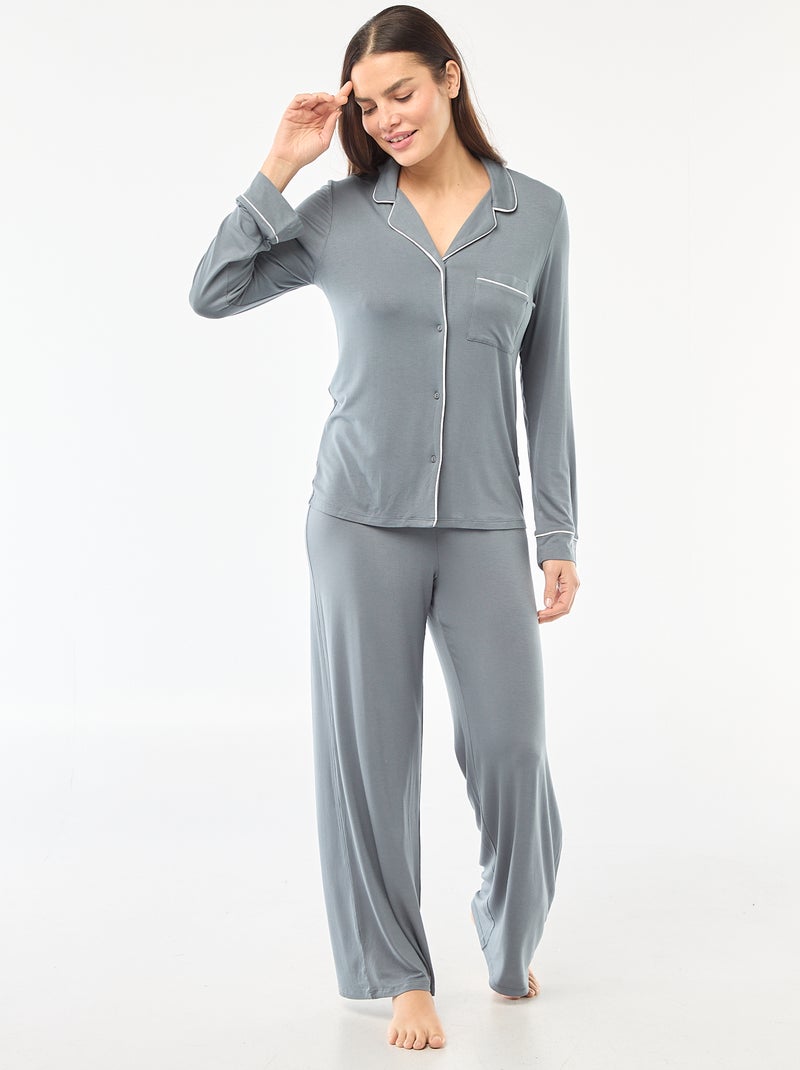 Pyjama long en maille douce stretch - 2 pièces Bleu gris - Kiabi