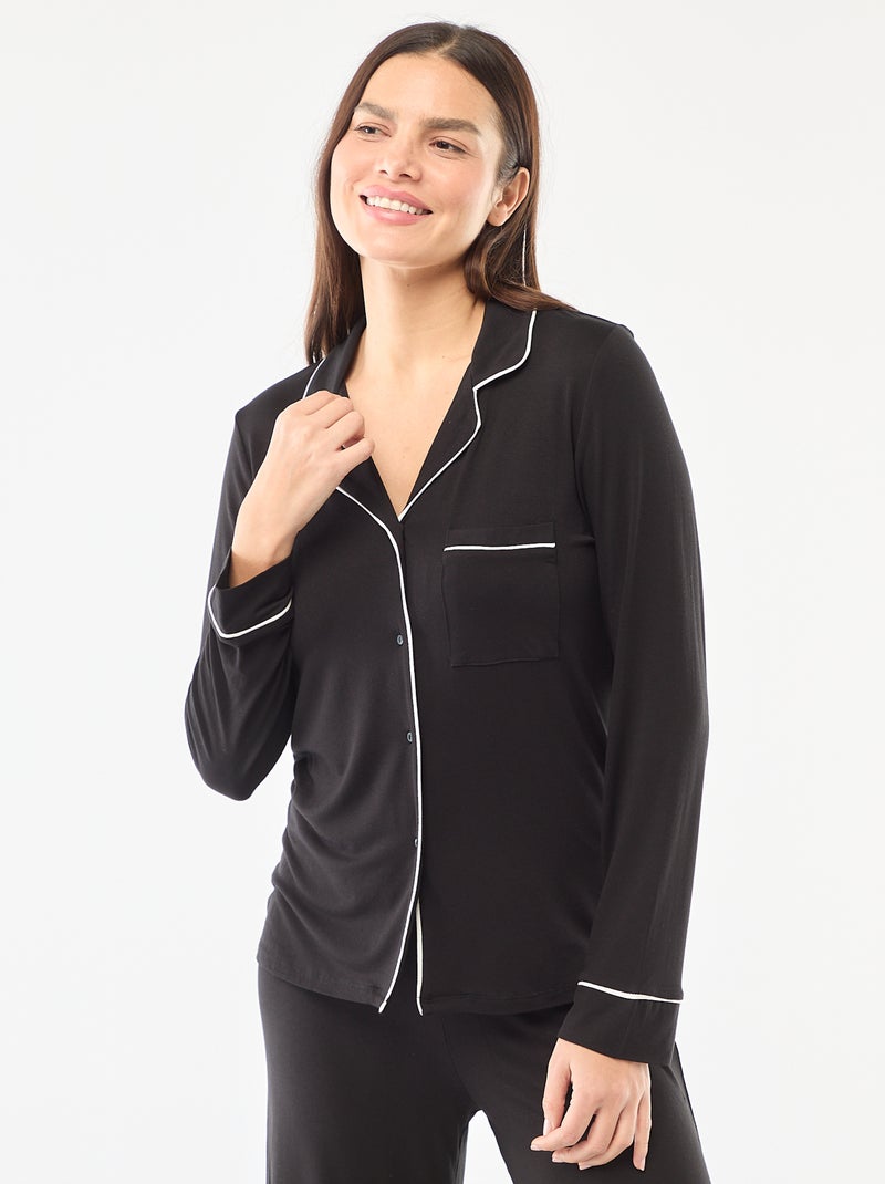 Pyjama long en maille douce stretch - 2 pièces Noir - Kiabi