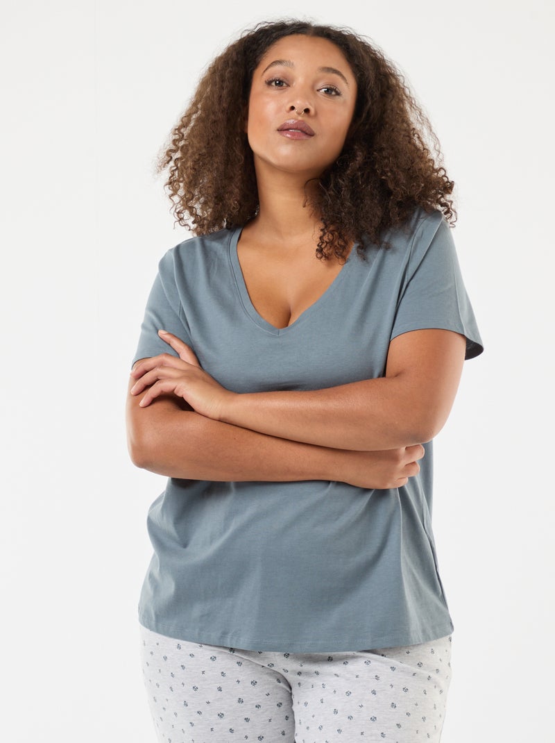 Pyjama long imprimé fleuri - 2 pièces Gris - Kiabi