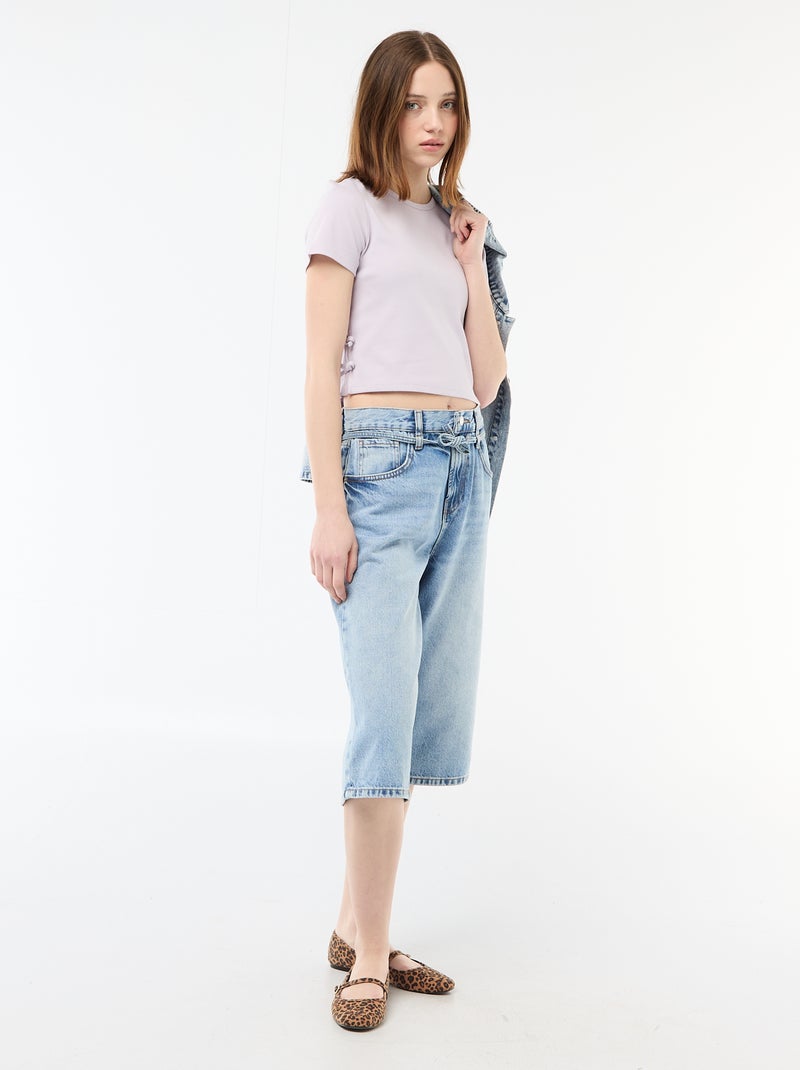 Ribbed Cropped T-shirt with Knots Purple - Kiabi