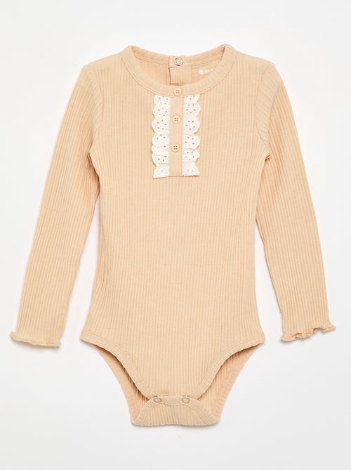 Ribbed Knit Bodysuit with Eyelet Embroidery - Kiabi