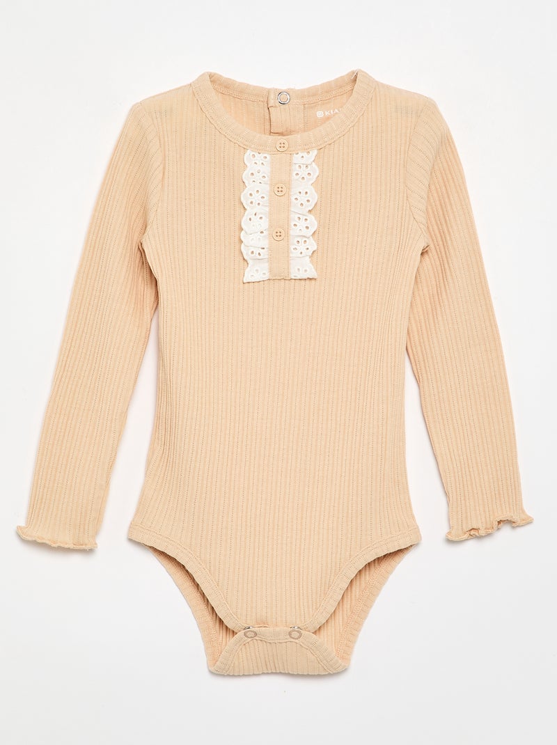 Ribbed Knit Bodysuit with Eyelet Embroidery Beige - Kiabi