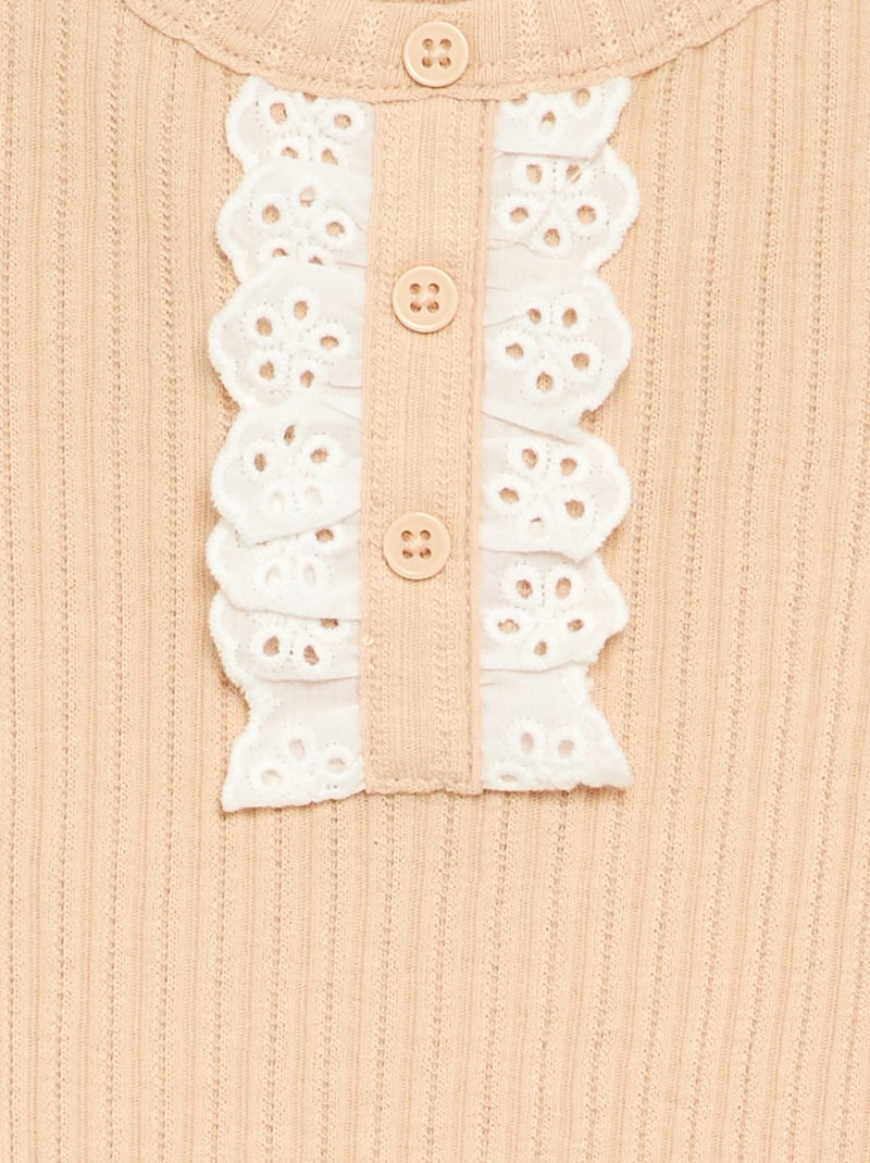 Ribbed Knit Bodysuit with Eyelet Embroidery Beige - Kiabi