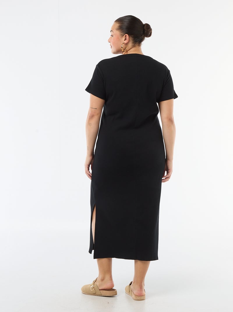 Ribbed Knit Maxi Dress with Short Sleeves Black - Kiabi