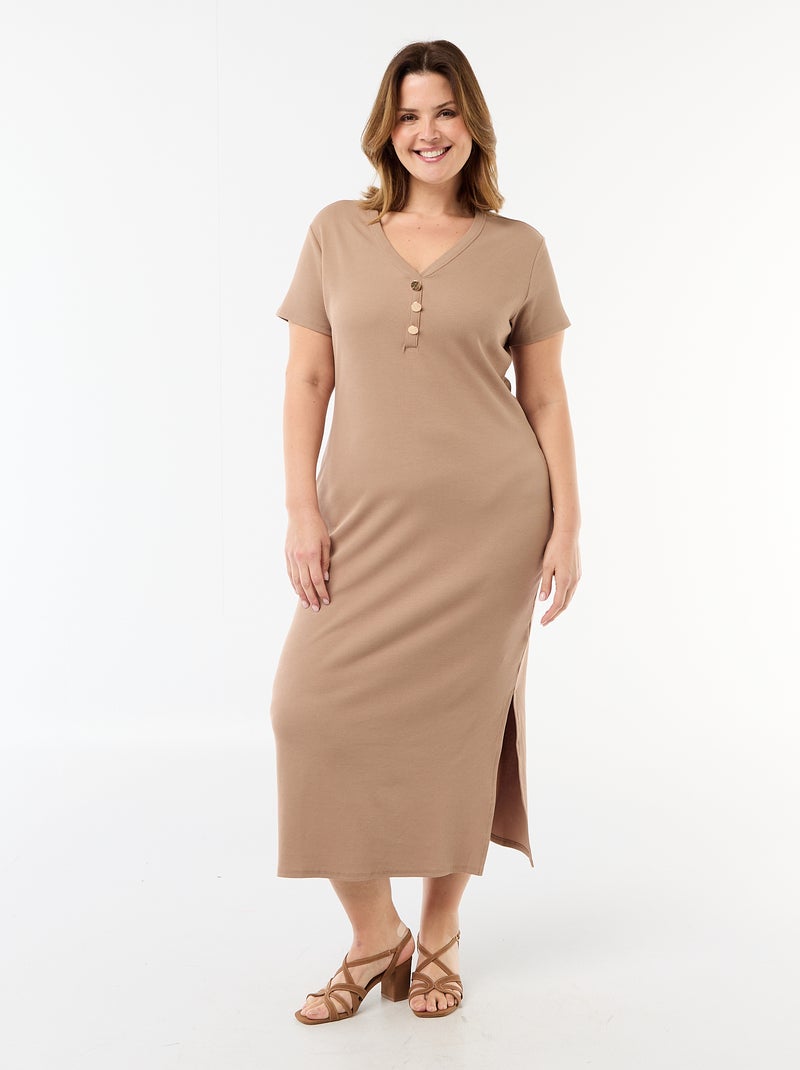 Ribbed Knit Maxi Dress with Short Sleeves Brown - Kiabi