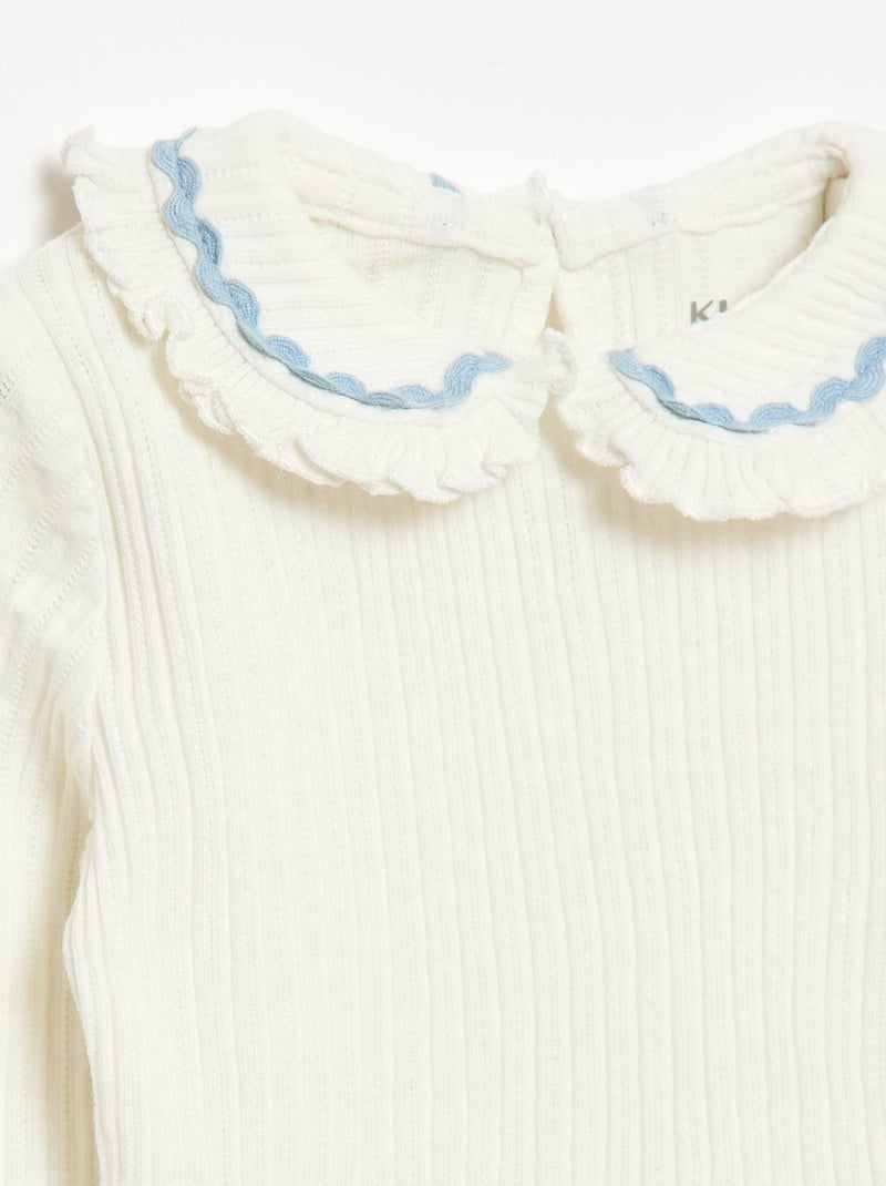 Ribbed Knit T-shirt with Peter Pan Collar and Colored Trim White - Kiabi
