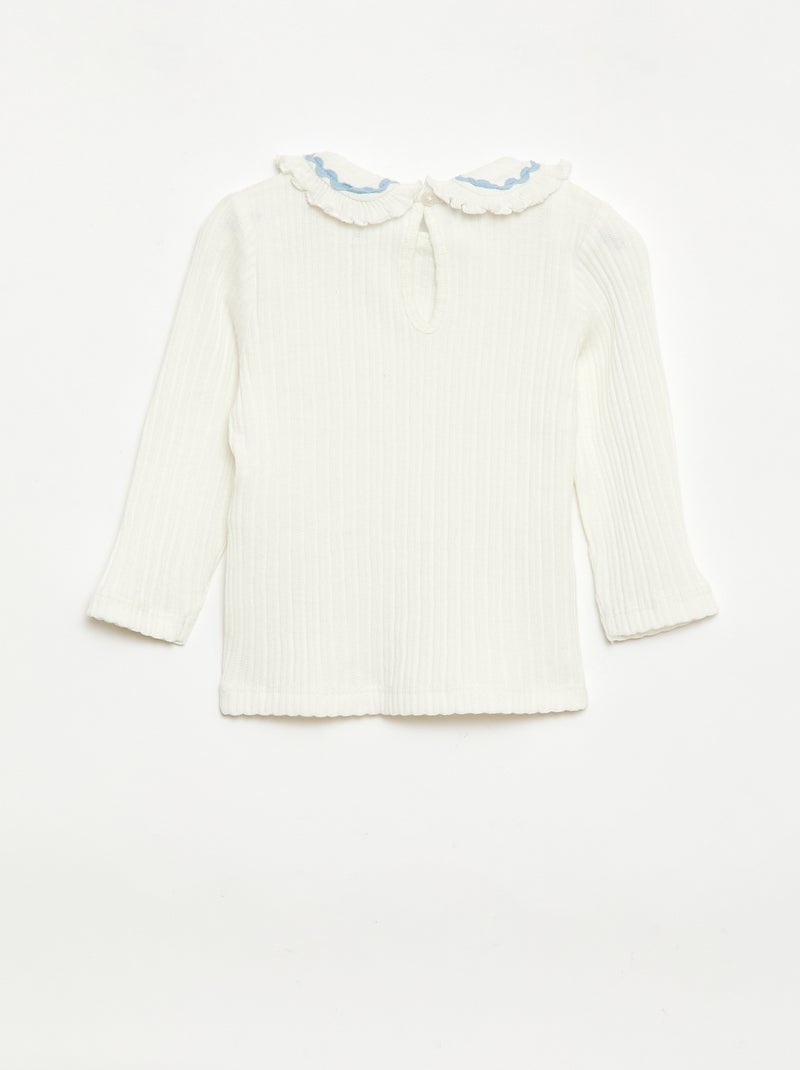 Ribbed Knit T-shirt with Peter Pan Collar and Colored Trim White - Kiabi