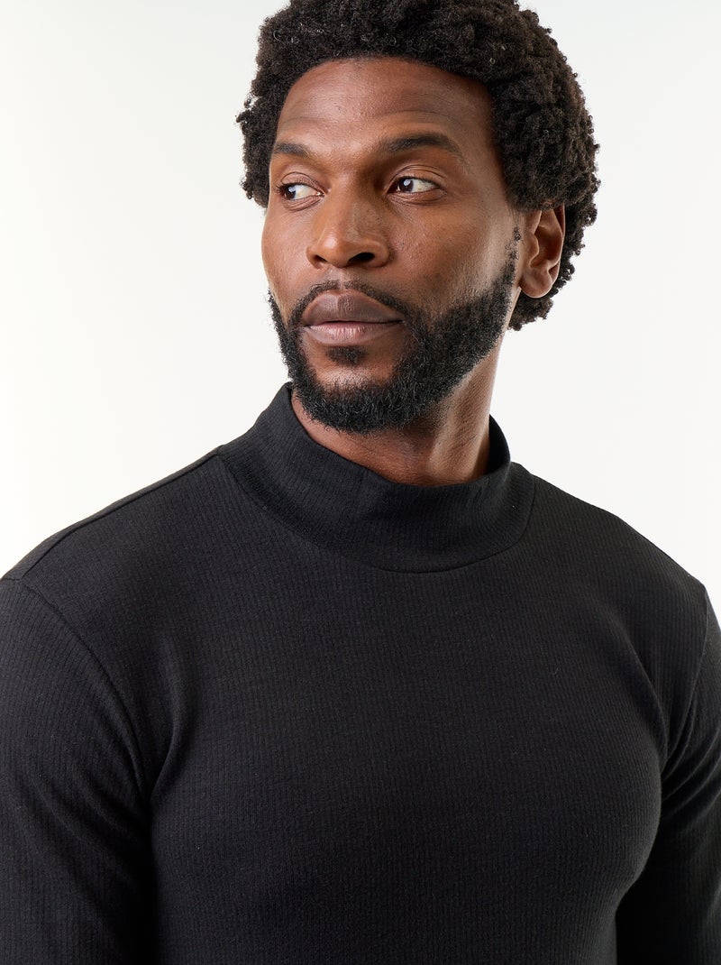 Ribbed Mock-Neck Long-Sleeve T-Shirt Black - Kiabi