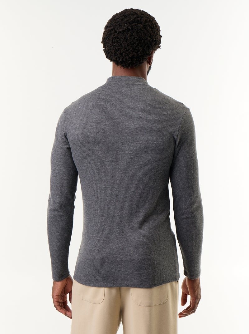 Ribbed Mock-Neck Long-Sleeve T-Shirt Grey - Kiabi