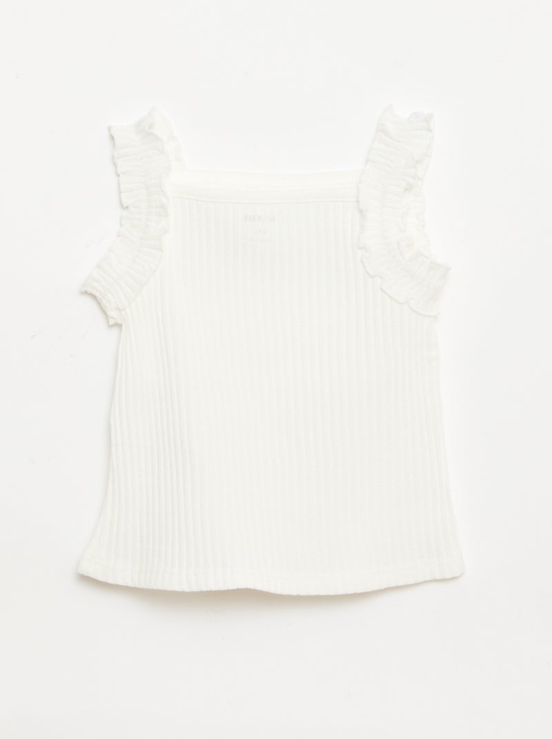 Ribbed Pointelle Tank Top with Ruffled Straps White - Kiabi