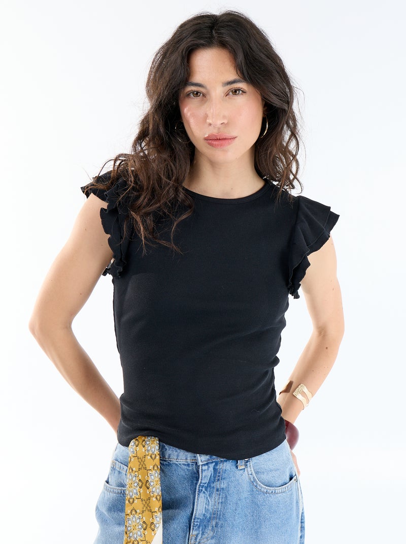 Ribbed Ruffle-Sleeve T-shirt Black - Kiabi
