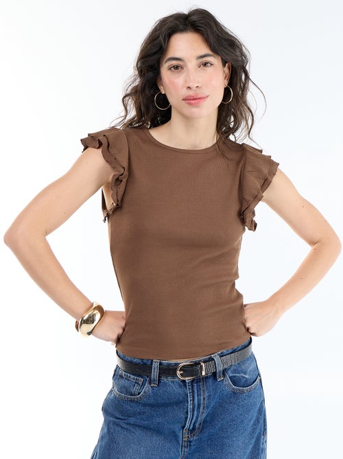 Ribbed Ruffle-Sleeve T-shirt - Kiabi