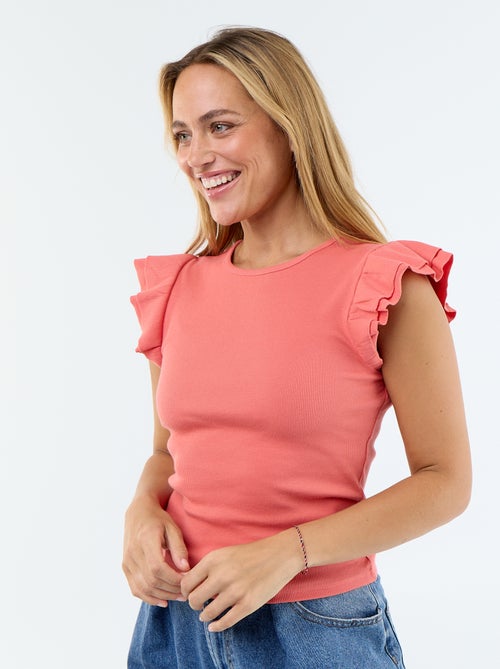 Ribbed Ruffle-Sleeve T-shirt - Kiabi