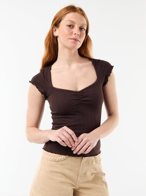 Ribbed short-sleeved T-shirt with ruffled sleeves - Kiabi