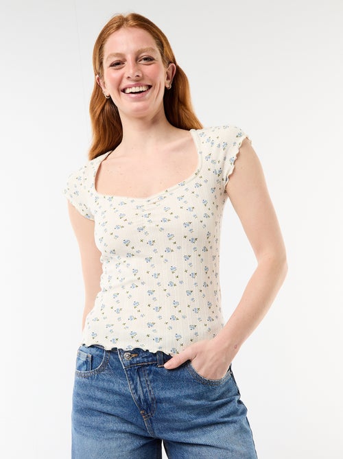 Ribbed short-sleeved T-shirt with ruffled sleeves - Kiabi