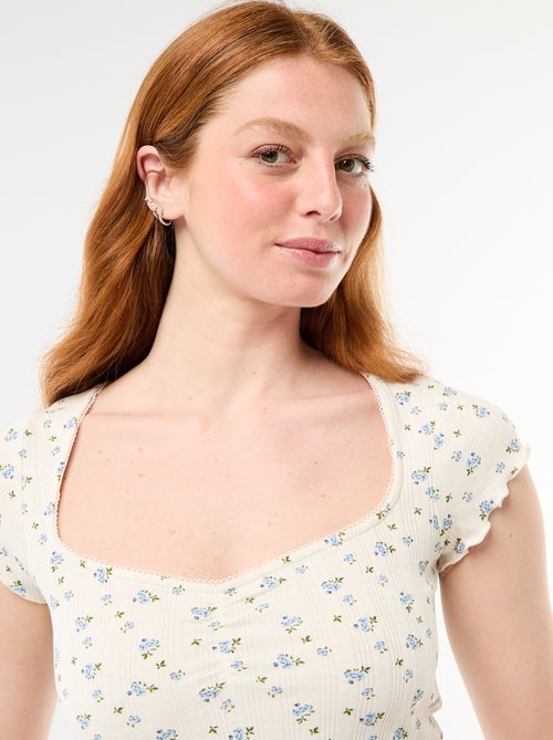Ribbed short-sleeved T-shirt with ruffled sleeves - Kiabi