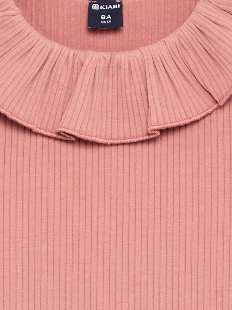 Ribbed T-shirt with frill collar Pink - Kiabi