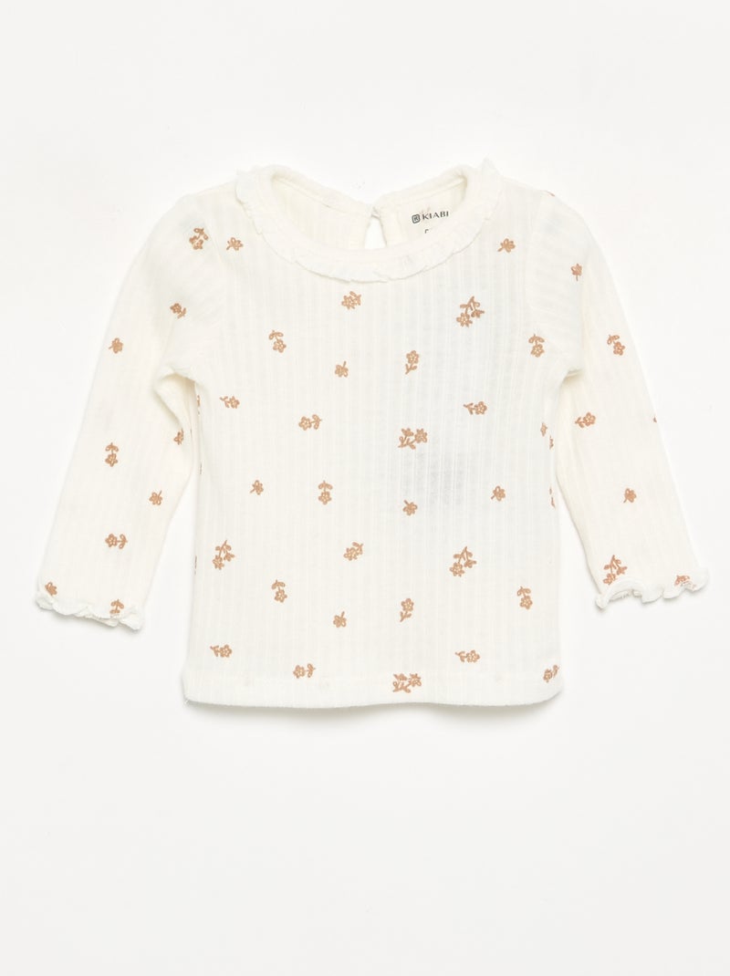 Ribbed T-shirt with ruffled collar and cuffs Beige - Kiabi