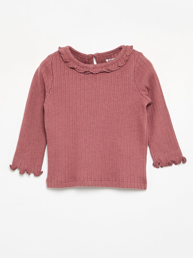 Ribbed T-shirt with ruffled collar and cuffs Pink - Kiabi