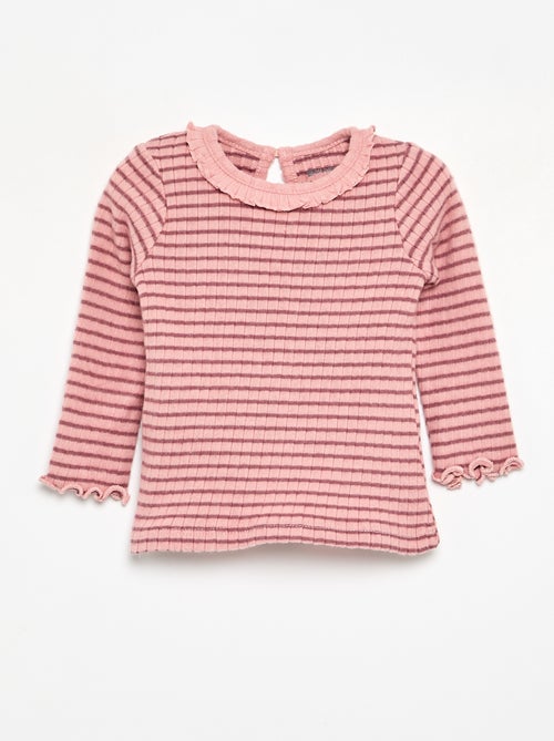 Ribbed T-shirt with ruffled collar and cuffs - Kiabi