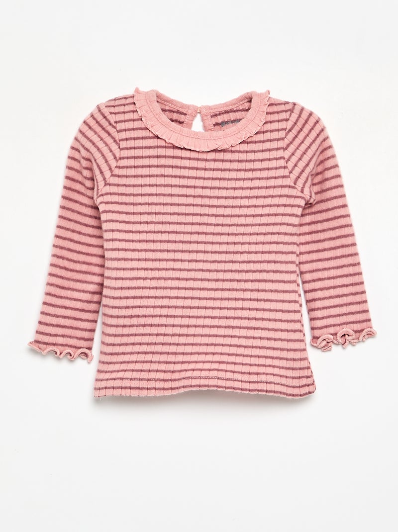 Ribbed T-shirt with ruffled collar and cuffs Pink - Kiabi