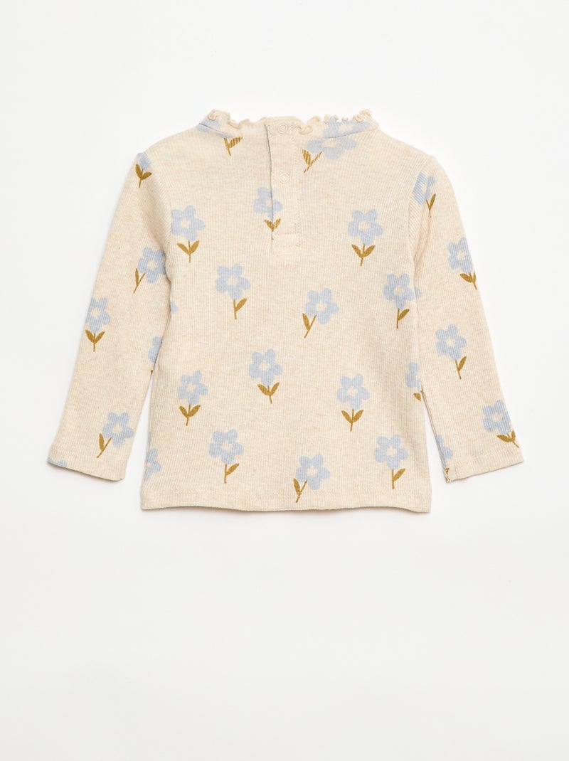 Ribbed T-shirt with scalloped collar Beige - Kiabi
