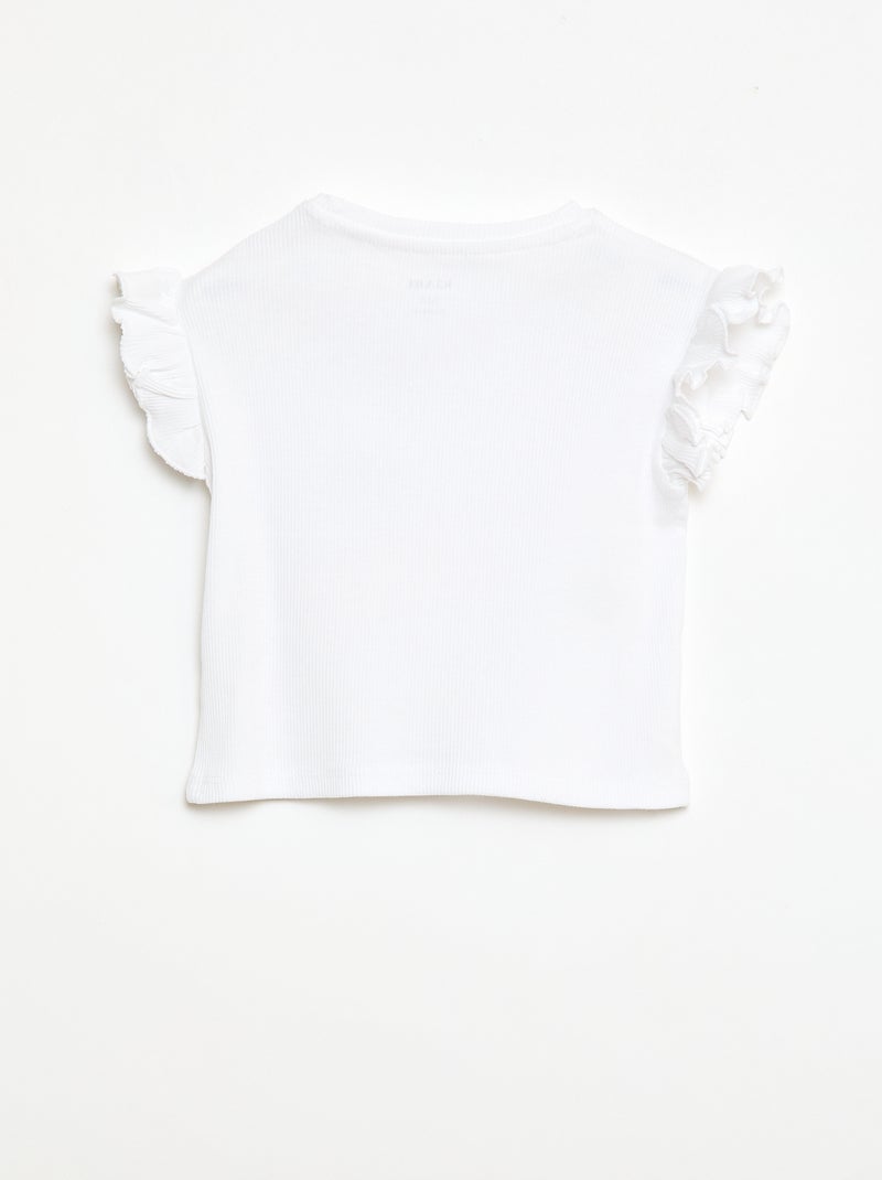 Ribbed T-shirt with Short Flutter Sleeves White - Kiabi