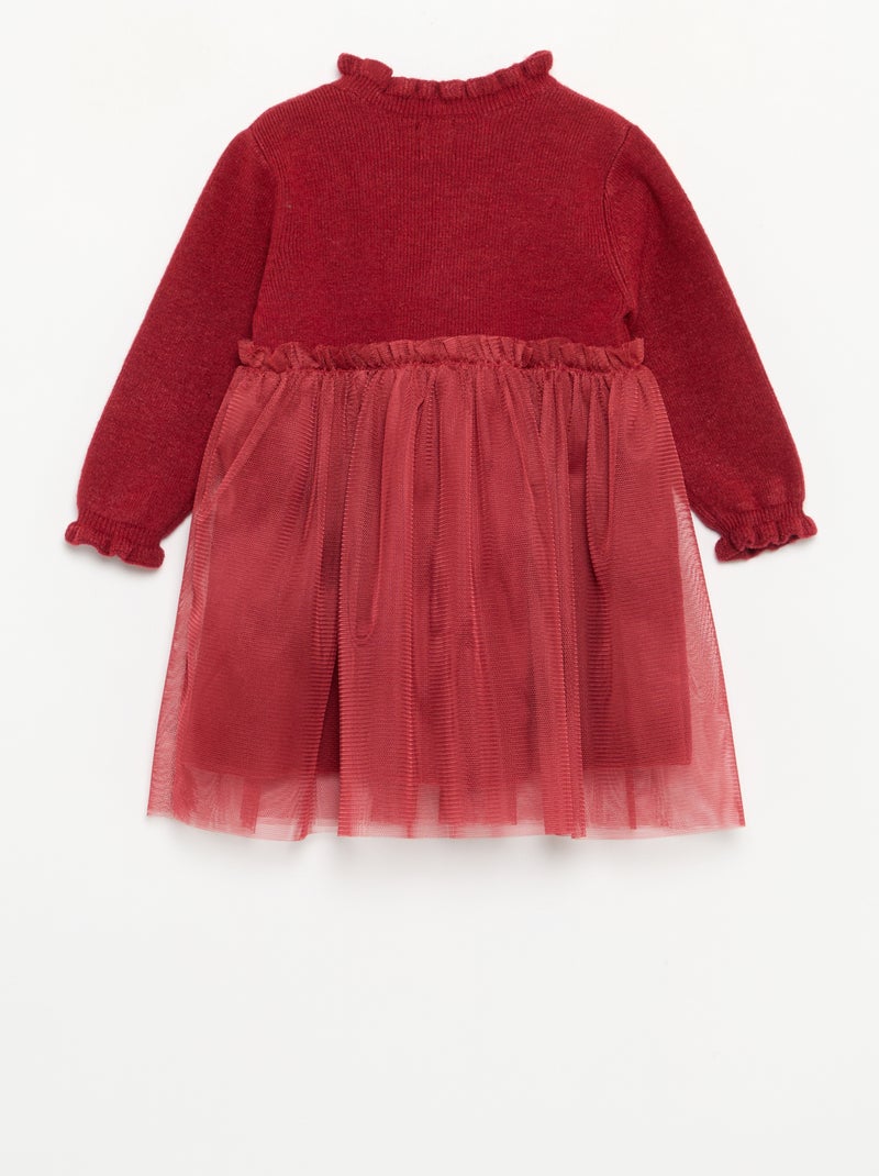 Robe à manches longues en tricot et tulle Rouge - Kiabi