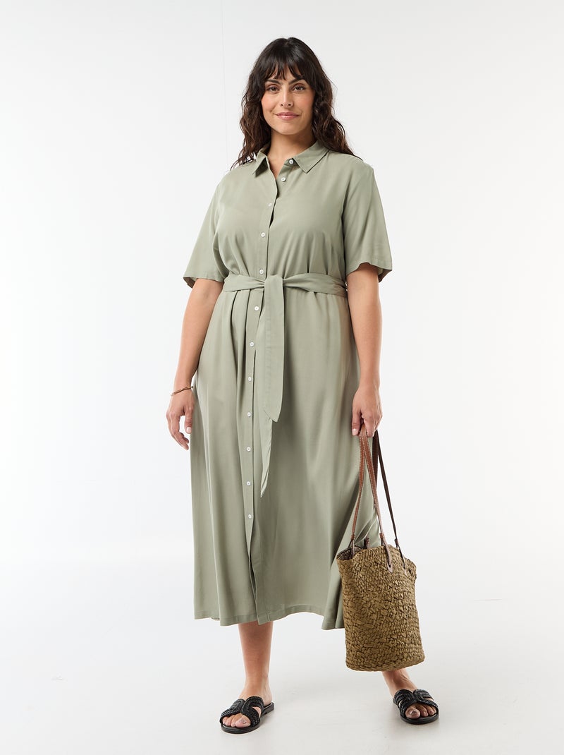 Robe chemise à manches courtes avec ceinture à la taille Vert - Kiabi