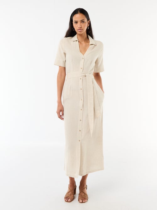 Robe chemise longue manches courtes en coton et lin - Kiabi