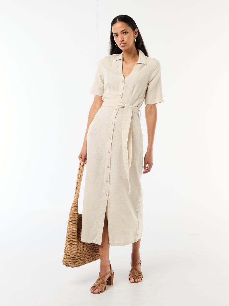 Robe chemise longue manches courtes en coton et lin Beige - Kiabi