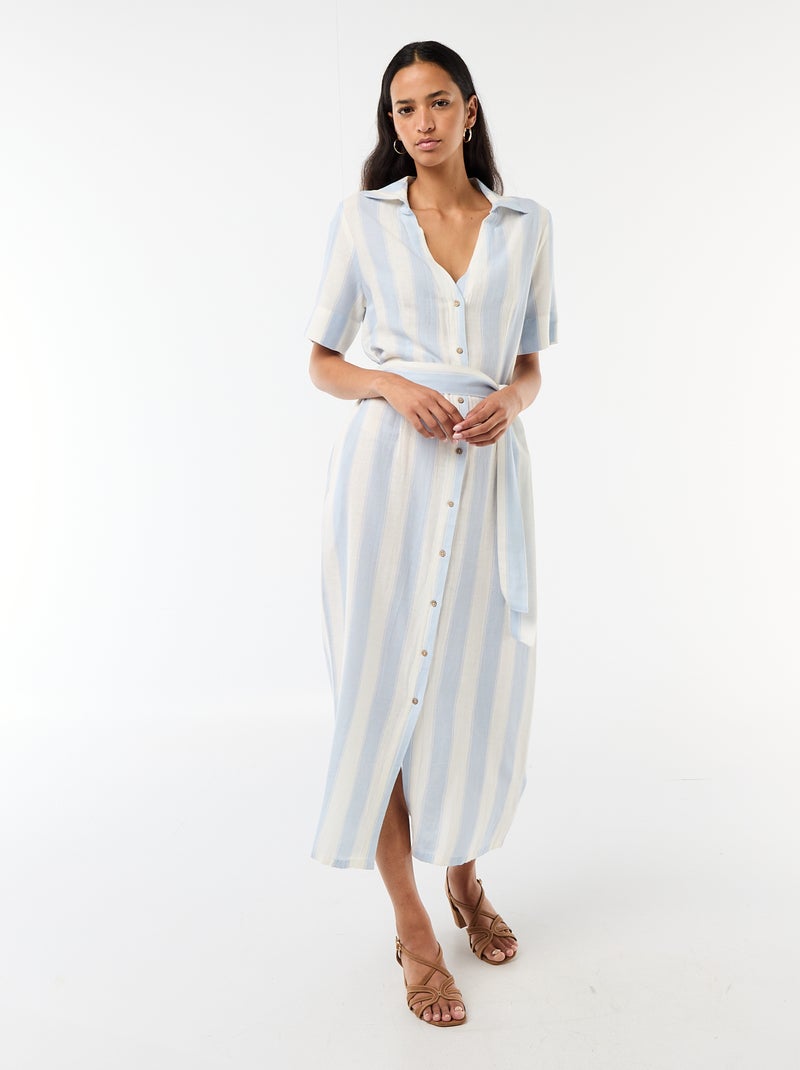 Robe chemise longue manches courtes en coton et lin Bleu - Kiabi
